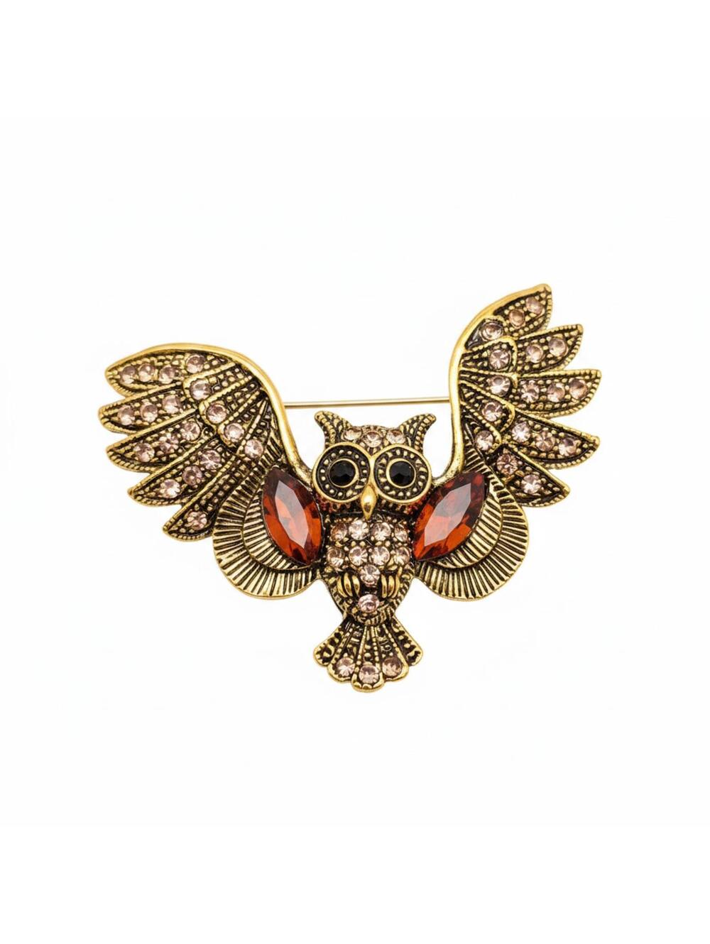 Gold-Tone Owl Brooch with Amber and Clear Rhinestones